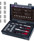 Front view of SENNMONN M10x1.25 thread repair kit in case with 10 stainless inserts, drill, tap, counterbore and driver
