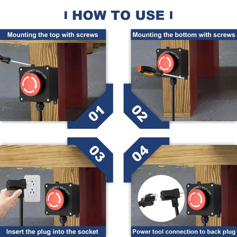 Installation steps for Emergency Stop Switch With 10ft Heavy Duty Cord And Big Red Button, 440V 16A, Plug In Piggyback Design.