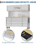 Seventy Two Inch Rolling Tool Chest With Fifteen Drawers And Locking Wheels, Mobile Workshop Cabinet With Solid Rubber Wood Top For Garage Storage, Boss Level Organization For Tools, Parts, And Gear