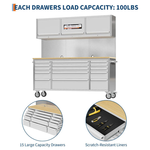 Seventy Two Inch Rolling Tool Chest With Fifteen Drawers And Locking Wheels, Mobile Workshop Cabinet With Solid Rubber Wood Top For Garage Storage, Boss Level Organization For Tools, Parts, And Gear