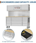 Front view of 72-Inch Rolling Tool Chest With 15 Drawers, Solid Rubber Wood Workbench Top, Locking Wheels And Key Lock