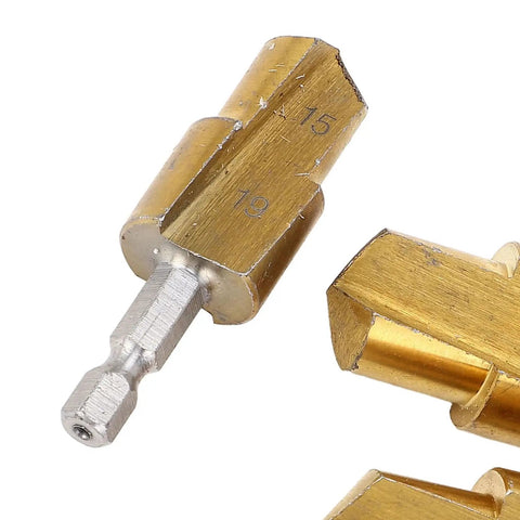 Kickstart Your Plumbing Game With This High Carbon Steel Step Drill Bit Kit For Precise Pipe Reaming On Ppr and Pv C Pipes And Accurate 19mm 24mm Or 31mm Sizing That Speeds Up Installation And Saves You Serious Time. 19mm and 24mm steel step drill bit close-up