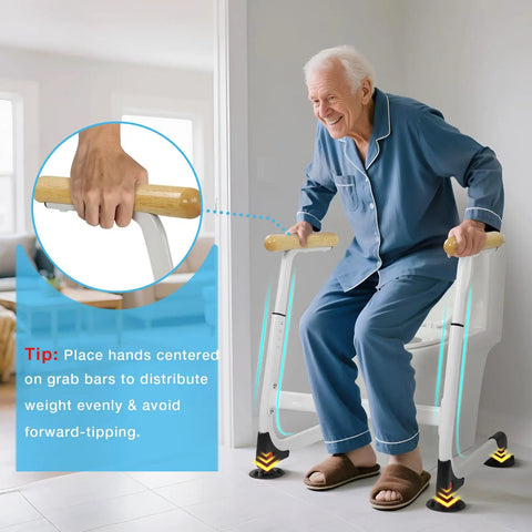 Adjustable Height Toilet Safety Rails With Wood Finishes Big Time 350 Lb Support For Seniors, individual using grab bars in bathroom.