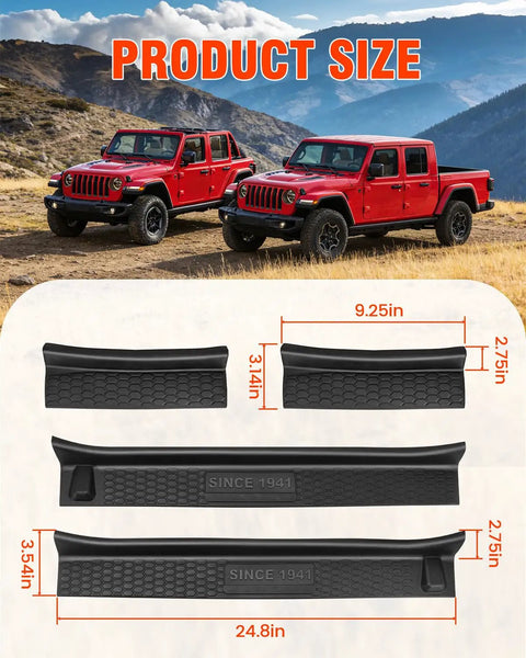 Door Sill Guards Kit For 2018 To 2025 Jeep Wrangler JL JLU And Gladiator JT 4 Door Black Rubber Protectors, 4 Piece Set dimensions