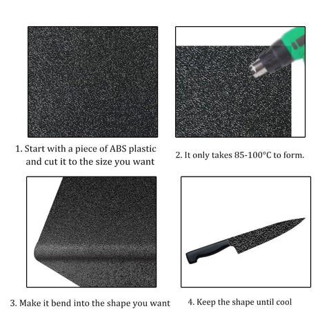 Image showing steps for shaping Pack of 2 Black ABS Plastic Sheets 8 x 12 x 1/8 Inch Thick Rigid Moldable Panels With Smooth And Textured Sides.
