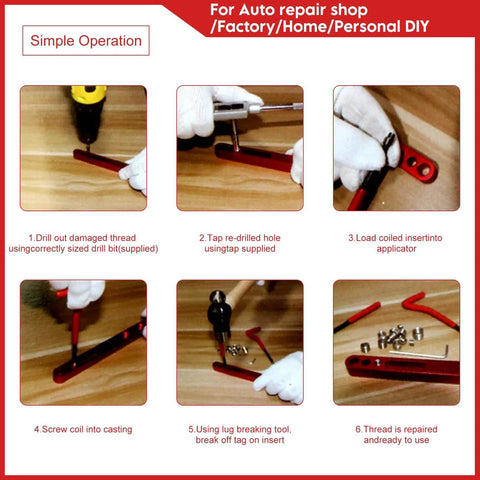 Image illustrating the steps in using the 15 Pcs Thread Inserts M14x1.5 Female Thread Repair Kit with Spark Plug Helicoil Set for Auto Repair DIY.