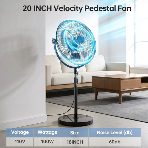 Heavy Duty 20 Inch High Velocity Pedestal Fan With 3 Speed Settings And Adjustable Height From 47 To 55 Inches, Metal Standing Fan in living room