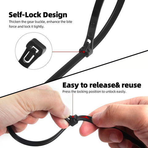 Close-up of hands demonstrating the easy-to-release lock of a 100 Pcs 8 Inch Heavy Duty Zip Ties 40 Lbs Tensile Strength Releasable And Reusable Nylon PA66 Self Lock Cable Ties For Garden Plants Vines And Home Office Projects.