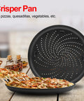 Air Fryer Bake Kit For 6.5 Qt And 8 Qt Foodi Pressure Cooker Includes Multi Purpose Pan Crisper Pan And Loaf Pan Dishwasher Safe Accessories For Casseroles Cakes Pizzas And Veggies displaying a crisper pan with pizza on wooden table.