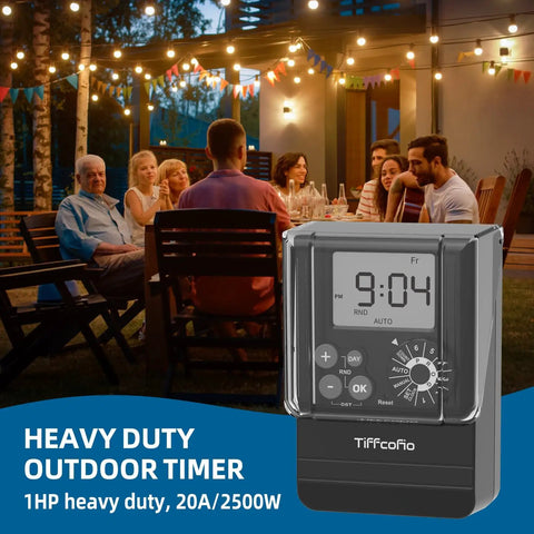 Heavy Duty Digital Outdoor Timer With Waterproof Dial Programming And Two Grounded Outlets On A 2 Ft Extension Cord For No Fuss Light Control And Six Schedule Options That Turn Backyard Projects Into A Total Breeze displayed at a backyard dinner party.
