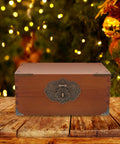 Wooden box with Old School Box Corner Protectors Set For Wood Furniture And Cabinets, metal edge guards under festive lights.