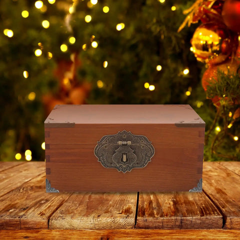 Wooden box with Old School Box Corner Protectors Set For Wood Furniture And Cabinets, metal edge guards under festive lights.