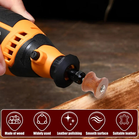 Electric drill with red sandalwood burnishing bit from Seven Piece Pro Grade Leather Burnishing Tools Set in use on leather.