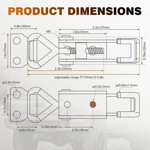 Drawing showing dimensions of Two Pack Toggle Latch Clamp Kit With Adjustable Zinc Plated Metal Pull Hasp Latches 220 Lb capacity