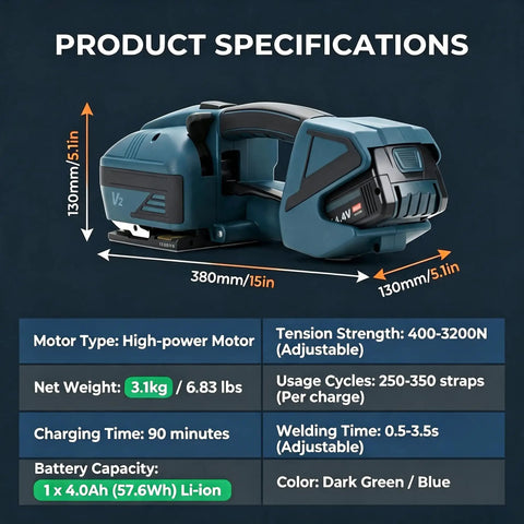 Fengxcxy Handheld Electric PET Strapping Machine With Adjustable Tension For PP PE Plastic Bands Lightweight Portable Tool specifications image showing dimensions, weight, and features.