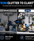 Before and after image of Top Tier Double Slide Out Under Sink Organizers Two Pack Black Steel Pull Out Shelves With Splash Resistant Mat.