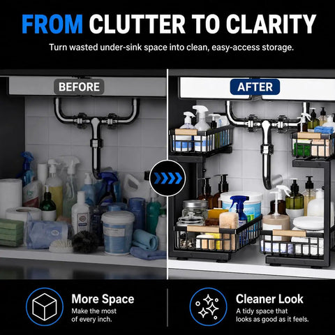 Before and after image of Top Tier Double Slide Out Under Sink Organizers Two Pack Black Steel Pull Out Shelves With Splash Resistant Mat.
