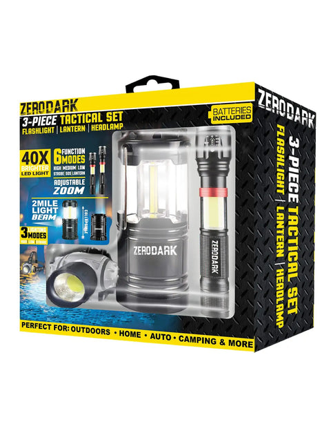 Box of Three Piece Battery Powered LED Light Set with flashlight, headlamp, and lantern for outdoor adventures and emergencies