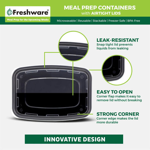 Diagram showcasing 50 Pack One Compartment Meal Prep Containers With Lids, BPA Free Bento Boxes, highlighting airtight lid design features.