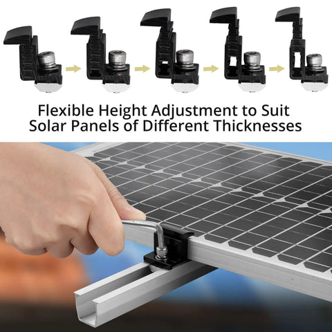 Heavy Duty Solar Panel End Clamps 10 Piece Kit Adjustable 30 To 50 Millimeter Roof Brackets shown being adjusted for solar panel thickness.
