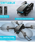 Camera Drone For Adults 1080P HD Foldable Quadcopter with carrying case and propellers, shown with folded and unfolded dimensions