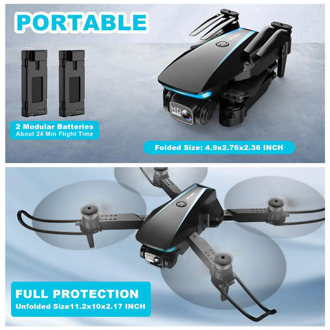 Camera Drone For Adults 1080P HD Foldable Quadcopter with carrying case and propellers, shown with folded and unfolded dimensions