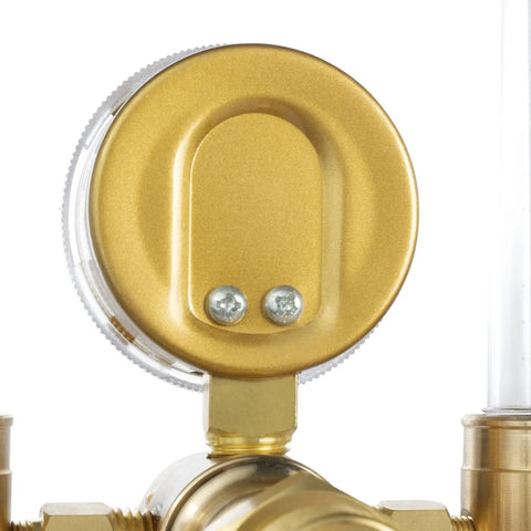Close-up of Dual Argon Regulator for TIG and MIG Welding With Flow Meter 0 to 60 CFH CGA580 showing gauge detail.