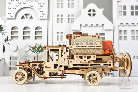 3D Wooden Puzzle Kit Mechanical Tanker Truck With Real Opening Tanker Cap Twist Knob Unfolds In A Snap Fits Standard 0.33 L Cans Open Frame Design For A Raw Rustic Look And Hands On STEAM Learning, wooden model with can