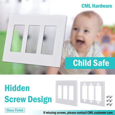 3 Gang Screwless Decorator Wall Plates 2 Pack in Glossy White next to child, highlighting hidden screw design and safety features.