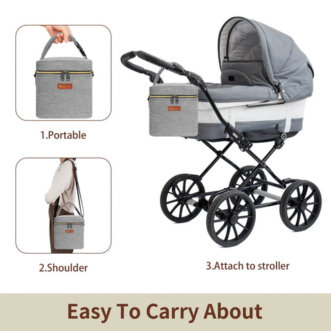 Grab And Go Insulated Breastmilk Cooler Bag Fits Four Nine Ounce Bottles Leakproof Travel Storage Keeps Milk Frosty On The Fly For Busy Moms Everywhere Today attached to a stroller.