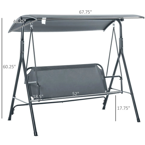 Dimensions of Three Person Outdoor Porch Swing With Stand And Tilt Canopy, Comfy Bench Style Seat, Steel Frame Patio Swing, Gray Finish