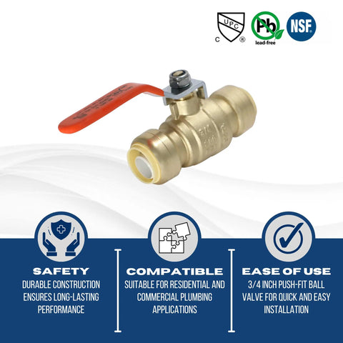 10-Piece 3/4-Inch Push Fit Ball Valve Set for Copper CPVC and PEX Piping with orange handle, lead-free brass, ANSI NSF-61 Certified
