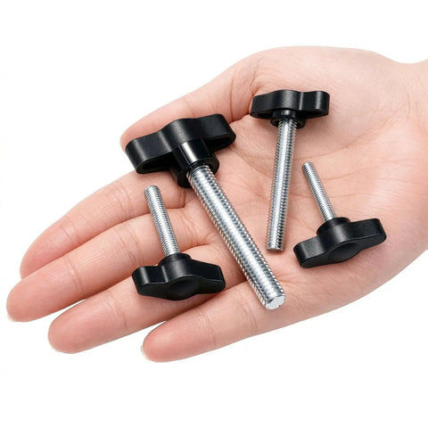Solid 60 Piece Thumb Screws Assortment With Ergonomic Wing Knobs in a hand, showcasing various sizes and hand-tightening design.