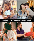 Collage of people happily exchanging wrapped gift boxes in festive setting.