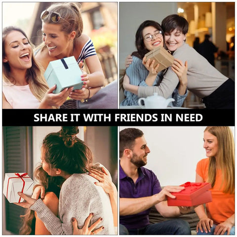Collage of people happily exchanging wrapped gift boxes in festive setting.