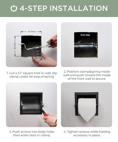 4-step installation guide for recessed matte black toilet paper holder stainless steel durable tissue roll dispenser wall mount with mounting bracket space saving in wall design for bathrooms that look clean and ready to roll