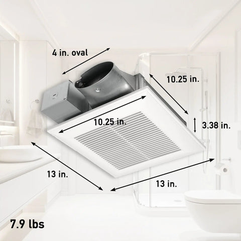Whisper Quiet Dual Speed Ceiling And Wall Mount Bathroom Exhaust Fan With DC ECM Motor And SmartFlow Technology, 30 To 100 CFM shown with dimensions