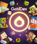 Colorful block characters surrounding GobiDex logo, featuring various expressions and designs on a purple background.