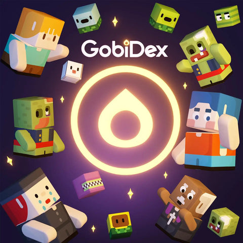 Colorful block characters surrounding GobiDex logo, featuring various expressions and designs on a purple background.