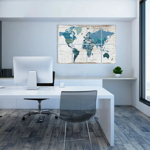 Game Changing Soundproof Wall Art Panels Hella Effective Acoustic Padding For Recording Studio Office Or Home Decor Eight Pack 48 By 32 Inches Noise Absorbing Tiles in a modern office setting with a world map design.