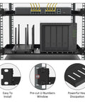 Rock Solid 1U Server Rack Shelves 2 Pack Heavy Duty 19 Inch Vented Cantilever Trays with network switches and routers inside.