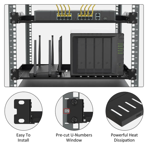 Rock Solid 1U Server Rack Shelves 2 Pack Heavy Duty 19 Inch Vented Cantilever Trays with network switches and routers inside.