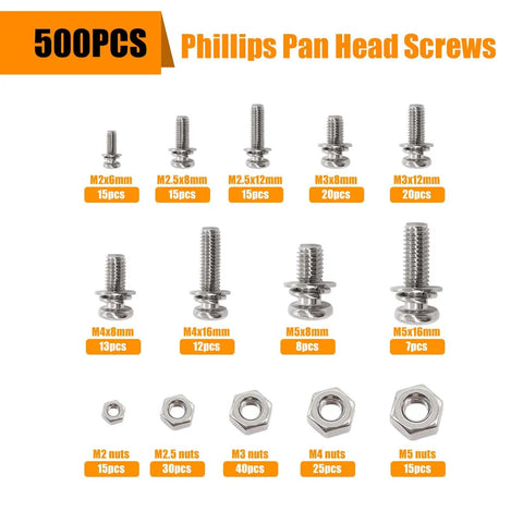 500Pcs Nut And Bolt Assortment Kit With Nine Screw Sizes M2 To M5 Stainless Steel For Electronics Motorcycle And DIY Projects Ready To Tackle Any Assembly shown with Phillips pan head screws.