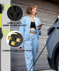 Rock Solid 50 Amp Ev Charger Adapter Cord Converts Nema 10 50P Male To 14 50R Female Outlet For Level 2 Electric Vehicle Charging, woman using phone, charger cable connected to vehicle.