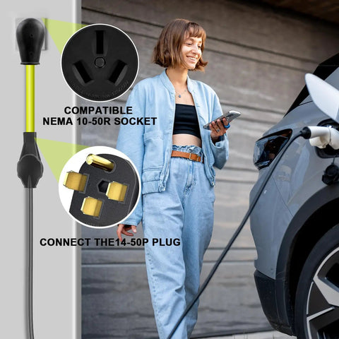 Rock Solid 50 Amp Ev Charger Adapter Cord Converts Nema 10 50P Male To 14 50R Female Outlet For Level 2 Electric Vehicle Charging, woman using phone, charger cable connected to vehicle.