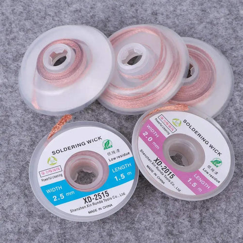 Copper Core Solder Wick Desoldering Braid in 1.5mm, 2.0mm, 2.5mm widths on reels for electronics repair and PCB rework.