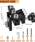 3-In-1 Dowel Jig Kit With Self Centering Doweling And Pocket Hole Jig For Straight Holes, includes components and dimensions.