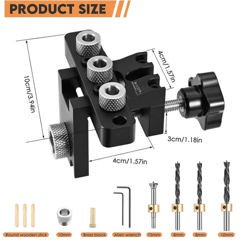 3-In-1 Dowel Jig Kit With Self Centering Doweling And Pocket Hole Jig For Straight Holes, includes components and dimensions.