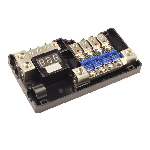 4 Way Mini ANL Fused Car Audio Power Distribution Block With Ground Block Each Block Accepts 0, 2, Or 4 Gauge In And 4 Or 8 Gauge Out digital LED display