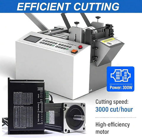 Automatic Heat Shrink Tube Cutter With Digital Display And Precision Micro Computer Control For Fast High Accuracy Cutting Of Cable Rubber And Plastic Sleeves Easy Setup And Adjustable Widths, featuring efficient cutting at 3000 cuts/hour.